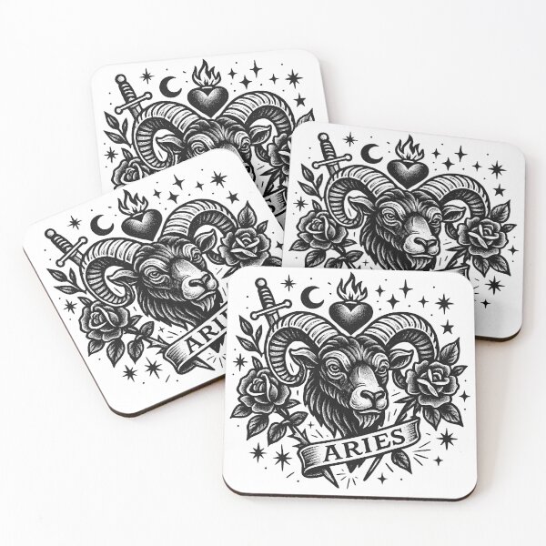 Item preview, Aries Zodiac Tattoo Design – Black & White Traditional Ink Art designed and sold by Vivienne Antoinette.