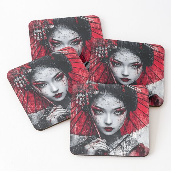 Item preview, Striking Geisha with Red Umbrella and Bold Makeup designed and sold by Artessie.