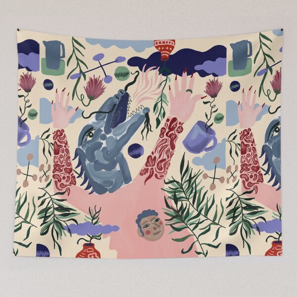 Item preview, Surreal blue crocodile with plants and mustache digital painting designed and sold by CecyLL.