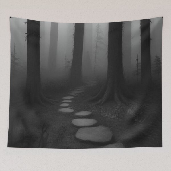 Item preview, Dark Misty Forest Path with Eerie Stone Trail in Black and White designed and sold by Uniquely Yours.
