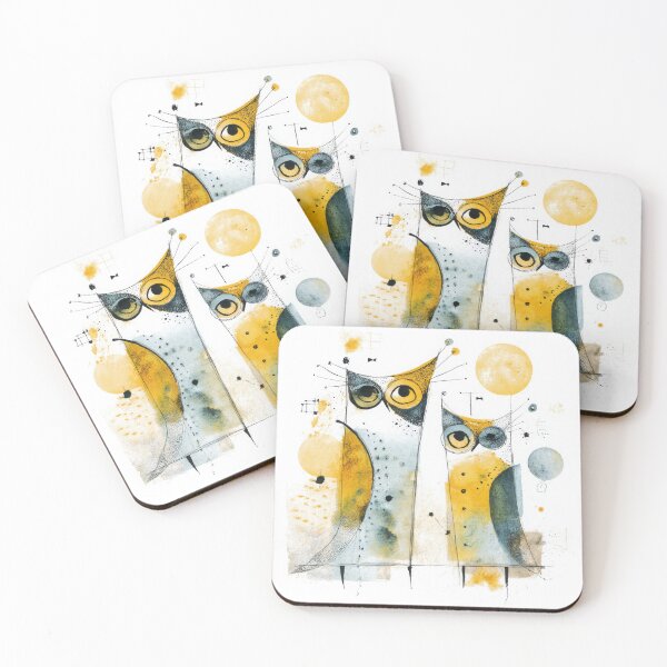 Item preview, Quirky Abstract Owl Art in Yellow and Blue Watercolor designed and sold by dawnleblanc55.
