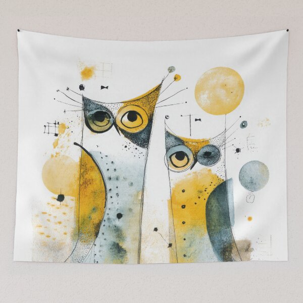 Item preview, Quirky Abstract Owl Art in Yellow and Blue Watercolor designed and sold by dawnleblanc55.