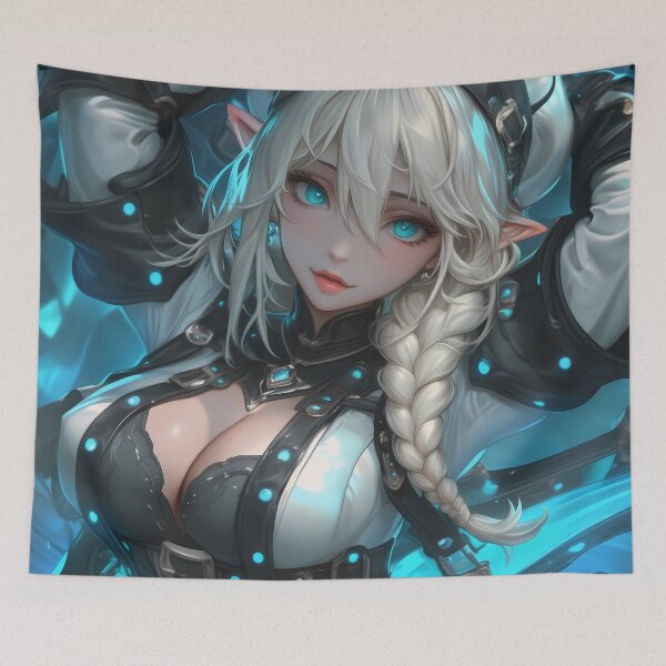 Item preview, Anime Girl Cyber Ice Elf Warrior Shines with Braided Silver Hair and Electric Blue Aura designed and sold by Williamhallano.