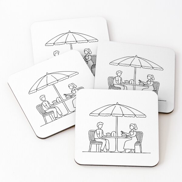 Item preview, Outdoor restaurant patio with umbrella tables and a food tray served designed and sold by rasagamastore.
