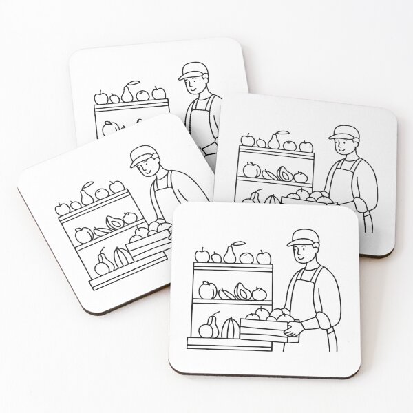Item preview, Worker restocking fruits on a grocery shelf from a crate of fresh produce designed and sold by rasagamastore.