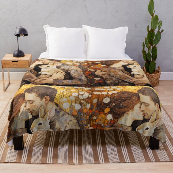 Item preview, Golden Klimt Kiss with Beloved Bunny – Romantic Couple and Pet Rabbit Art designed and sold by EmeraldeaArt.