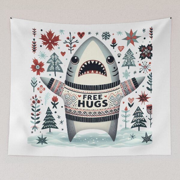 Item preview, Friendly Winter Great White Shark Free Hugs - Scandinavian Folk Art by heidiannemorris © designed and sold by FOLK ART FUSION by heidiannemorris.