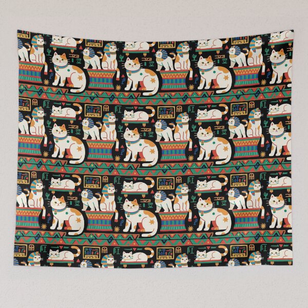 Item preview, Ancient Egyptian Felines with Hieroglyphs and Colorful Borders Adorn this Playful and Culturally Rich Cat Pattern designed and sold by ArtifactVault.