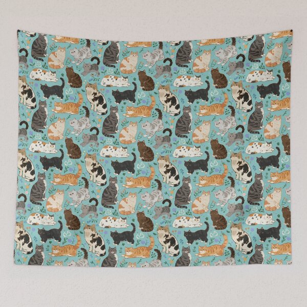 Item preview, A Delightful Assortment of Charming Cats in Diverse Poses and Breeds Scattered Across a Soft Blue Floral Background designed and sold by ArtifactVault.