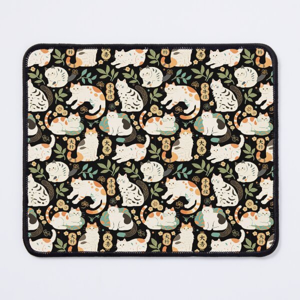 Item preview, Traditional Japanese Maneki-Neko Cats and Auspicious Symbols Grace a Dark Background in this Fortunate Pattern designed and sold by ArtifactVault.