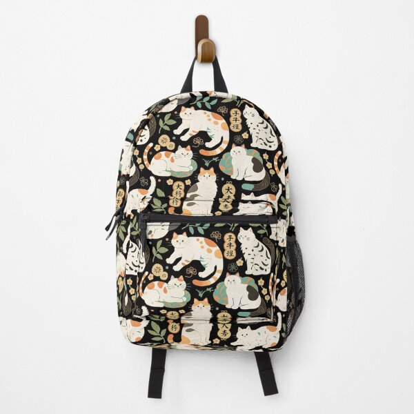 Item preview, Traditional Japanese Maneki-Neko Cats and Auspicious Symbols Grace a Dark Background in this Fortunate Pattern designed and sold by ArtifactVault.