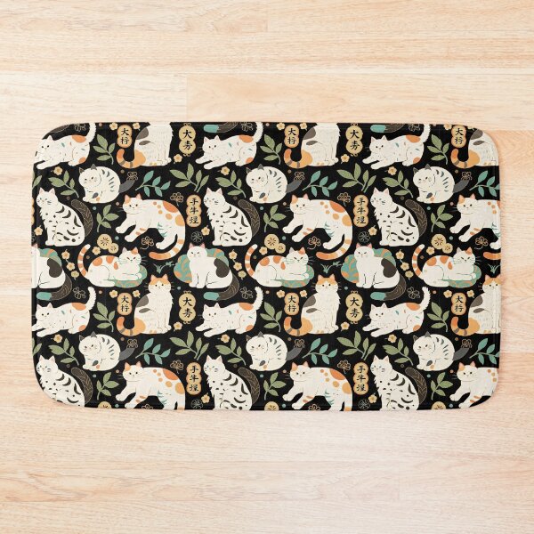 Item preview, Traditional Japanese Maneki-Neko Cats and Auspicious Symbols Grace a Dark Background in this Fortunate Pattern designed and sold by ArtifactVault.