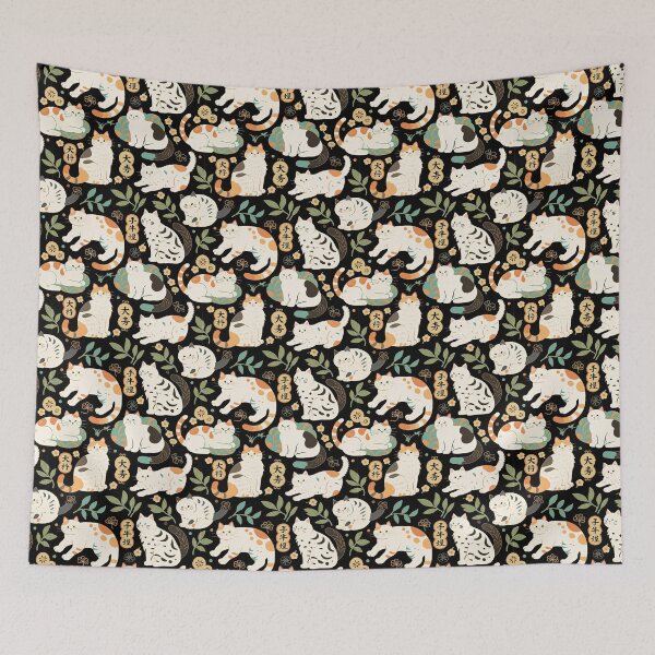 Item preview, Traditional Japanese Maneki-Neko Cats and Auspicious Symbols Grace a Dark Background in this Fortunate Pattern designed and sold by ArtifactVault.