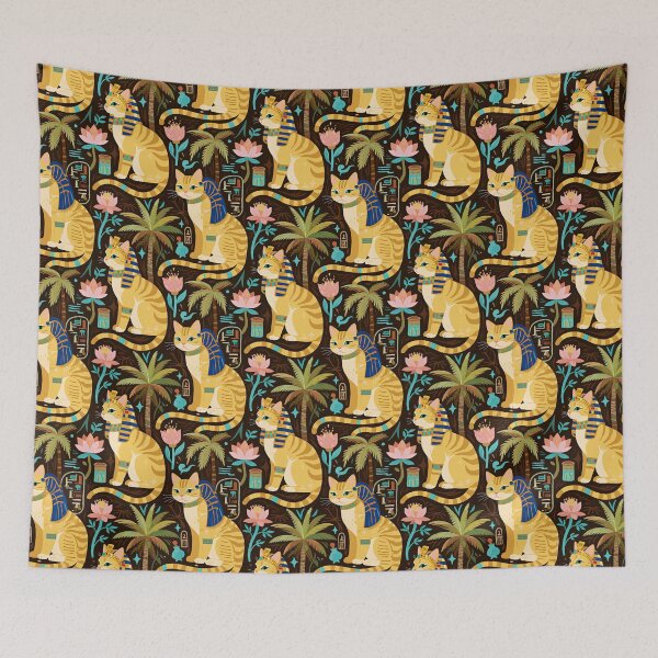 Item preview, Golden Egyptian Cats with Pharaonic Headpieces Amidst Lush Palms and Lotus Flowers in an Exotic and Vibrant Scene designed and sold by ArtifactVault.
