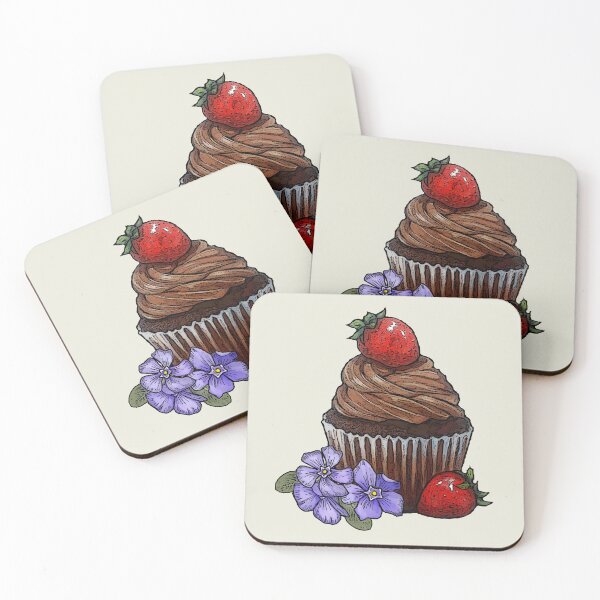 Item preview, Chocolate Cupcake With Strawberries and Periwinkles, Illustration designed and sold by JoyfulWhimsy.