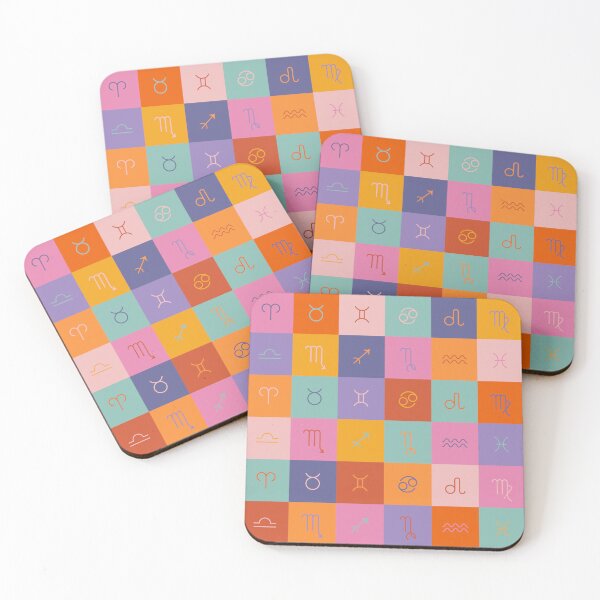 Item preview, Retro zodiac pattern with twelve astrological signs arranged on a colorful checkerboard grid. Clean line symbols and a bold, bright, vintage color palette designed and sold by Zhenchuzhynka.