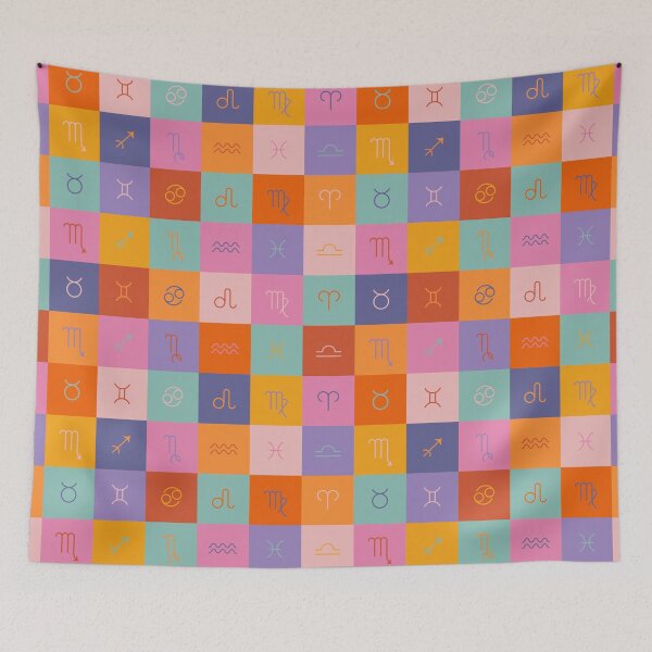 Item preview, Retro zodiac pattern with twelve astrological signs arranged on a colorful checkerboard grid. Clean line symbols and a bold, bright, vintage color palette designed and sold by Zhenchuzhynka.