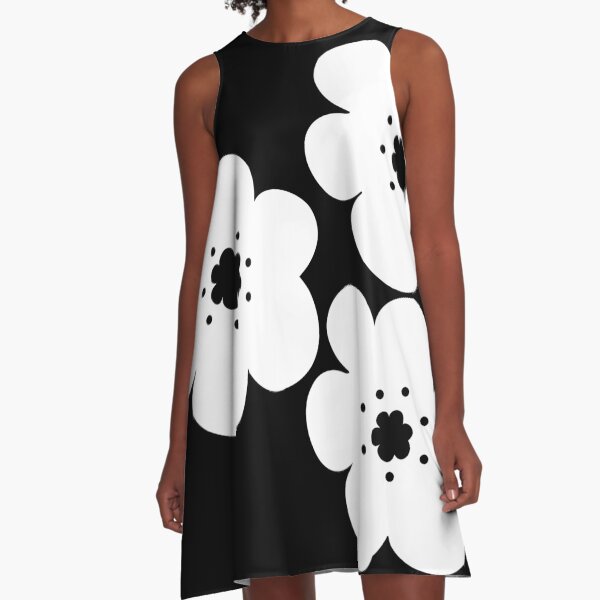 Item preview, 60's 70's Retro Scandinavian Flowers White Flowers Black Background designed and sold by MellowCat.