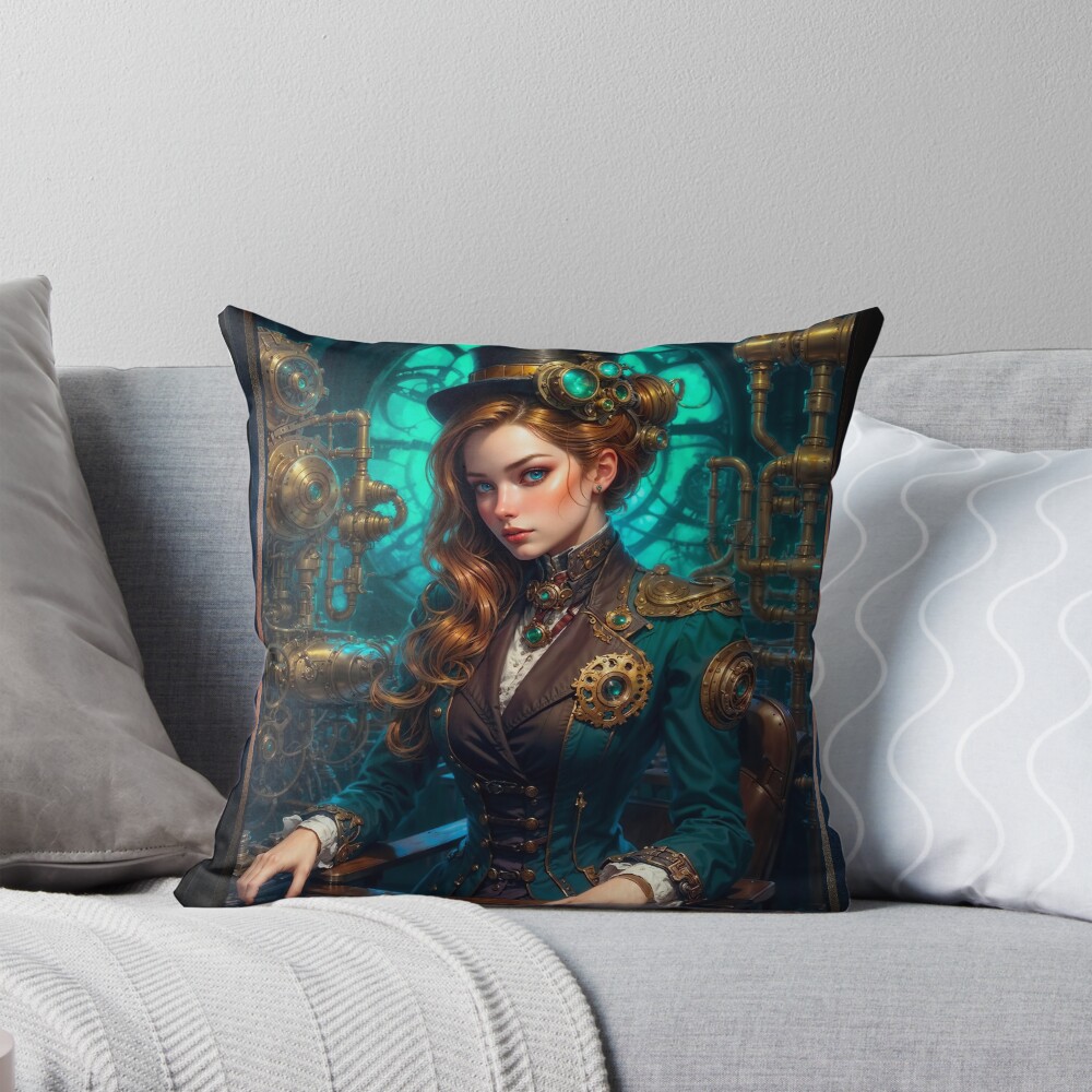 Engineer Portrait Of Steampunk Artisan Velora Vellania Mesmerizing AI Concept Art by Xzendor7 Decorative Art Print Throw Pillow