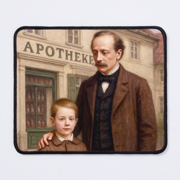 Item preview, The pharmacist and his son in front of the pharmacy designed and sold by Steffani Lehmann.