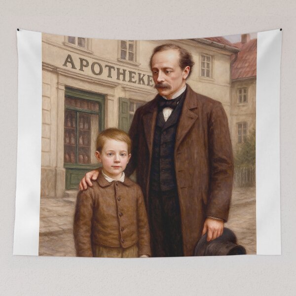 Item preview, The pharmacist and his son in front of the pharmacy designed and sold by Steffani Lehmann.