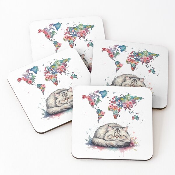 Item preview, Watercolor Cat Floral World Map designed and sold by zoughlal.