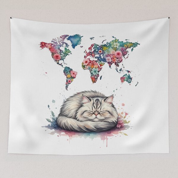 Item preview, Watercolor Cat Floral World Map designed and sold by zoughlal.