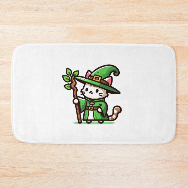 Item preview, Cartoon Cat Wizard with Leafy Staff and Tall Green Hat designed and sold by Confuzz1ed.