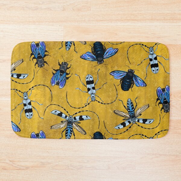 Item preview, flying creeping crawling - blue bees and beetles on gold/ochre designed and sold by kobyakov.