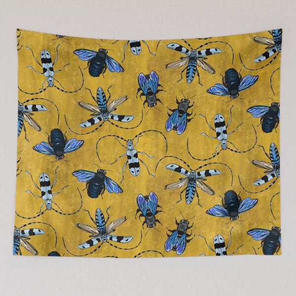 Item preview, flying creeping crawling - blue bees and beetles on gold/ochre designed and sold by kobyakov.