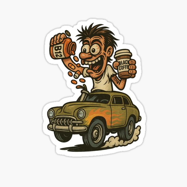Artikel-Vorschau von „NOS? Nee, ich laufe mit B12 und schwarzem Kaffee“ – Retro Hot Rod Sticker, designt und verkauft von RobertRamblesOn.