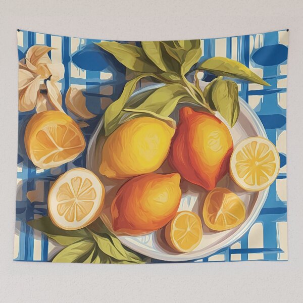 Item preview, Fresh Citrus Still Life - Vintage Kitchen Art with Blue Checkered Tablecloth designed and sold by Botanicalboho.