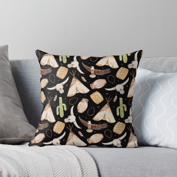 Item preview, Seamless watercolor pattern with Native American elements including cactus, eagle, drum, teepee, and beads on a black background. Perfect for fabrics, gift wrapping, and interior design designed and sold by eves_aquadreams.