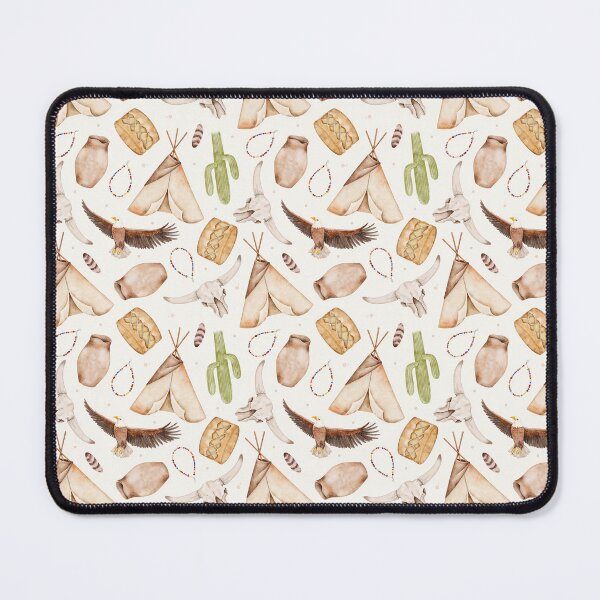 Item preview, Seamless watercolor pattern with Native American elements including cactus, eagle, drum, teepee, and beads on a black background. Perfect for fabrics, gift wrapping, and interior design designed and sold by eves_aquadreams.