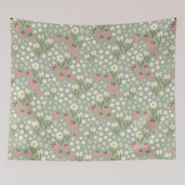 Item preview, Strawberry & Daisy Cottagecore Pattern – Cozy Wildflower Floral Design (Sage Green) designed and sold by carlyxdesigns.