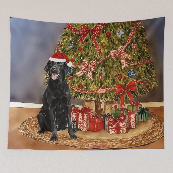 Artikelvorschau, Schwarzer Labrador Weihnachtsbaum Hund Welpe Aquarell entworfen und verkauft von Magnolia Valley Art.