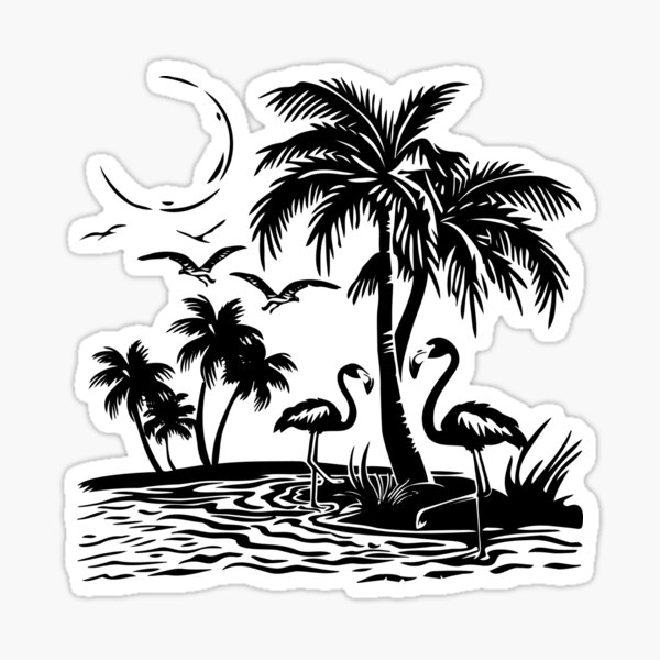 Item preview, Tropical Flamingo Paradise – Black and White Beach Scene Illustration designed and sold by inkoutninja.