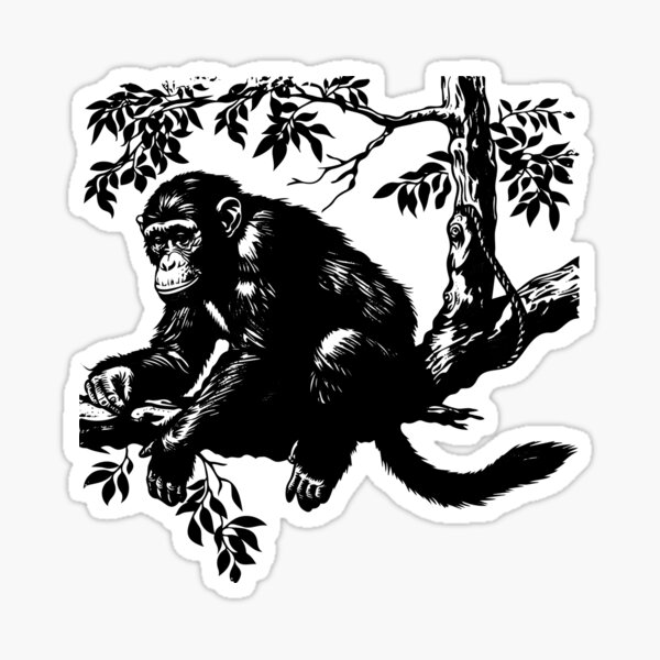 Item preview, Chimpanzee in Tree Black and White Wildlife Illustration designed and sold by inkoutninja.