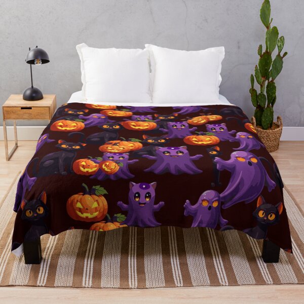 Item preview, Cute Halloween Pattern with Black Cats, Pumpkins and Purple Ghosts designed and sold by Dailyprintstyle.