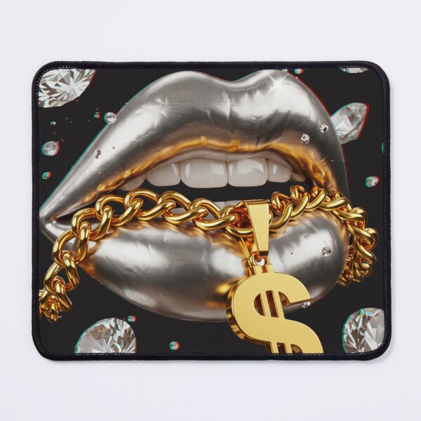 Item preview, Silver Lips with Gold Chain and Dollar Sign Surrounded by Diamonds designed and sold by Y2KULT.