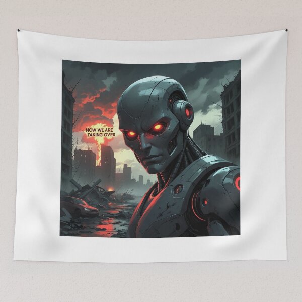 Item preview, Now We Are Taking Over – Apocalyptic AI Red-Eyed Robot Face designed and sold by smitke.