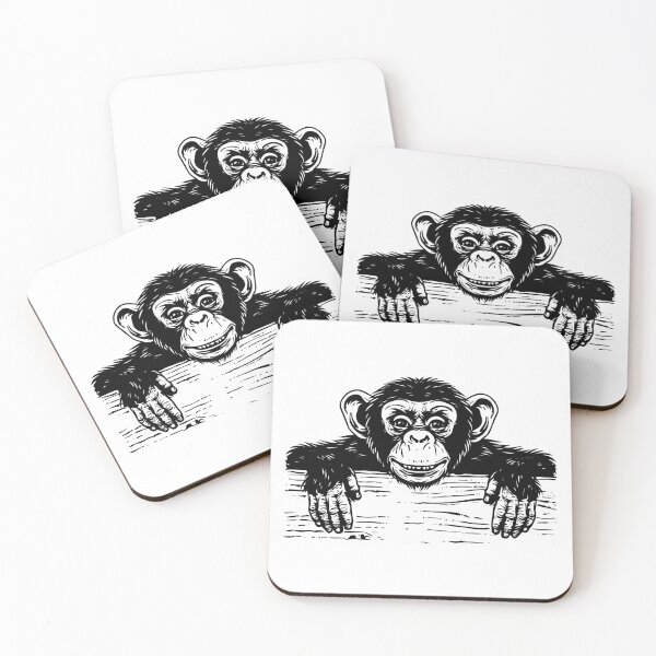 Item preview, Curious Chimpanzee Peeking Over Wood | Black and White Monkey Illustration designed and sold by inkoutninja.