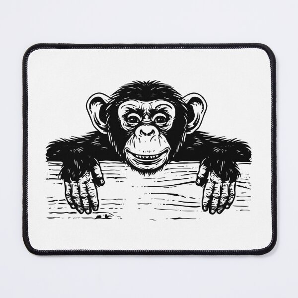 Item preview, Curious Chimpanzee Peeking Over Wood | Black and White Monkey Illustration designed and sold by inkoutninja.