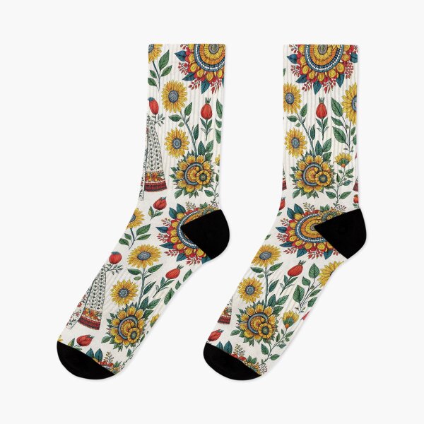 Item preview, Folk Art Woman in Floral Attire with Vibrant Sunflower Pattern. designed and sold by RGShirtWorks.