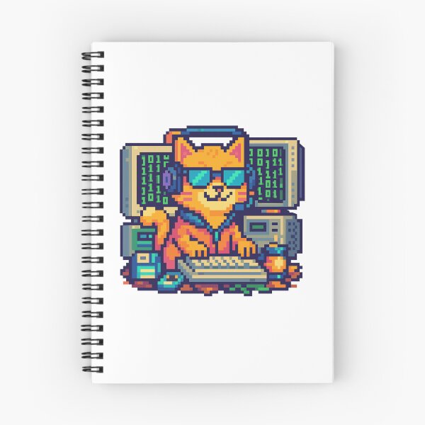 Item preview, Cool pixel cat hacker coding at computer with binary screens and gadgets designed and sold by HammadCreatives.