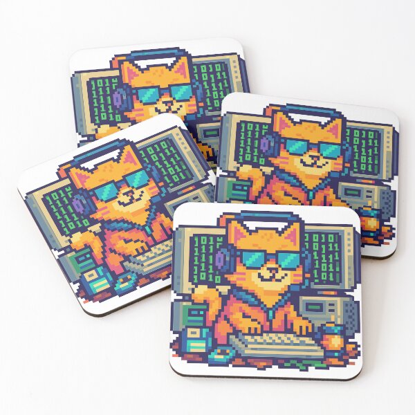 Item preview, Cool pixel cat hacker coding at computer with binary screens and gadgets designed and sold by HammadCreatives.