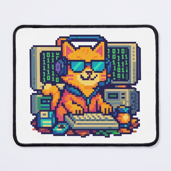 Item preview, Cool pixel cat hacker coding at computer with binary screens and gadgets designed and sold by HammadCreatives.