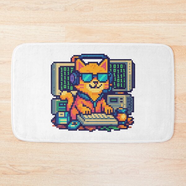 Item preview, Cool pixel cat hacker coding at computer with binary screens and gadgets designed and sold by HammadCreatives.