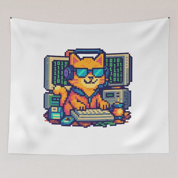 Item preview, Cool pixel cat hacker coding at computer with binary screens and gadgets designed and sold by HammadCreatives.