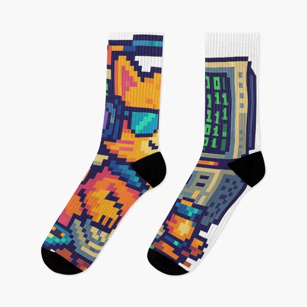 Item preview, Cool pixel cat hacker coding at computer with binary screens and gadgets designed and sold by HammadCreatives.